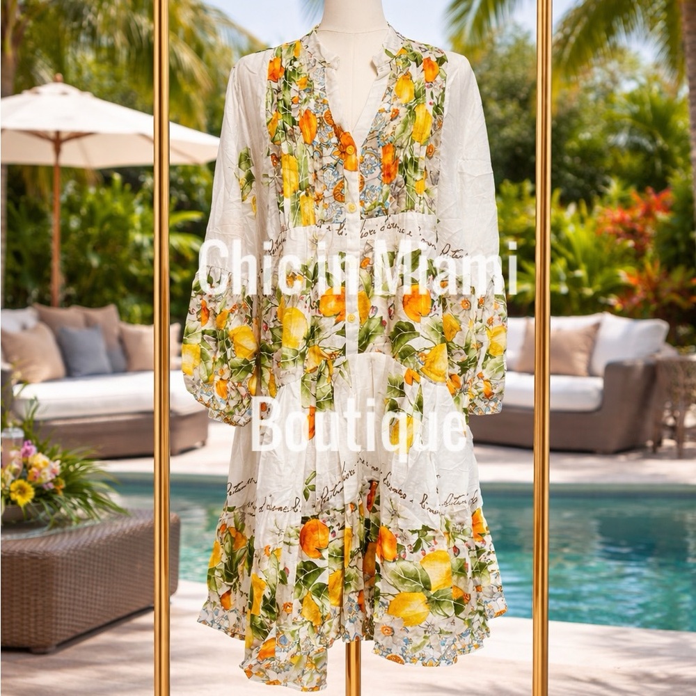 Antica Sartoria 2026 Lemon Print Button-Front Tiered Dress OS